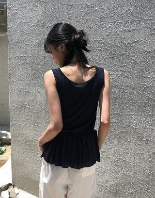 Vintage Frill Button Shirred Sleeveless Top