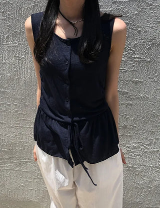 Vintage Frill Button Shirred Sleeveless Top