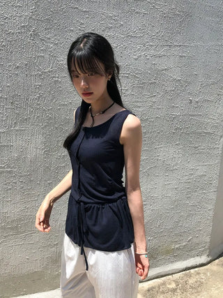 Vintage Frill Button Shirred Sleeveless Top