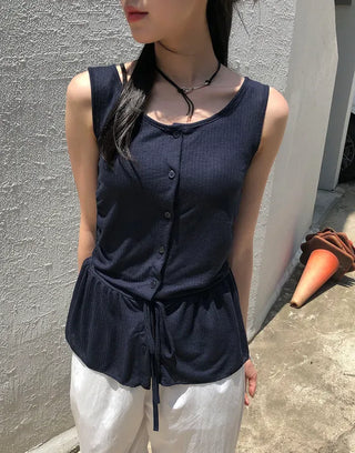 Vintage Frill Button Shirred Sleeveless Top