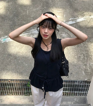Vintage Frill Button Shirred Sleeveless Top