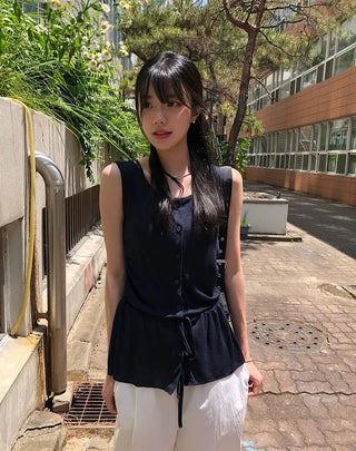 Vintage Frill Button Shirred Sleeveless Top
