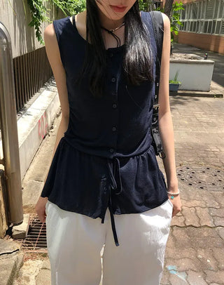 Vintage Frill Button Shirred Sleeveless Top