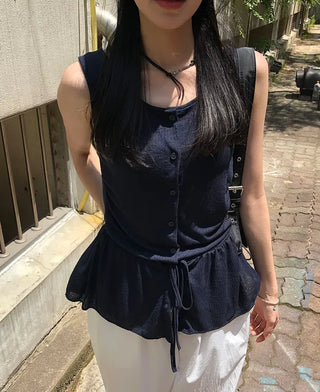 Vintage Frill Button Shirred Sleeveless Top