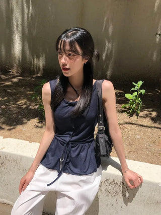 Vintage Frill Button Shirred Sleeveless Top