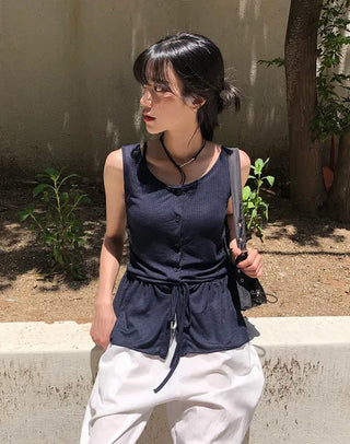 Vintage Frill Button Shirred Sleeveless Top
