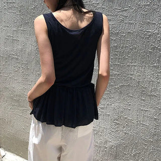 Vintage Frill Button Shirred Sleeveless Top