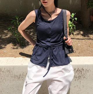 Vintage Frill Button Shirred Sleeveless Top