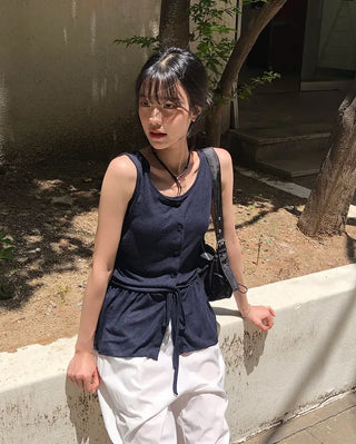 Vintage Frill Button Shirred Sleeveless Top