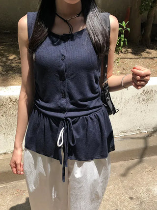 Vintage Frill Button Shirred Sleeveless Top