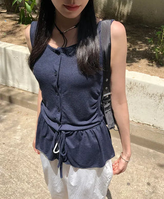 Vintage Frill Button Shirred Sleeveless Top