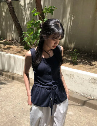 Vintage Frill Button Shirred Sleeveless Top