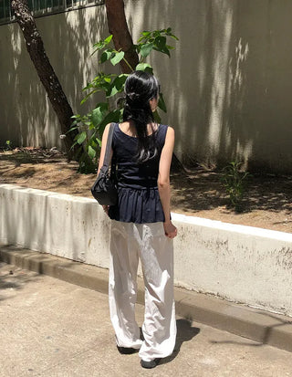 Vintage Frill Button Shirred Sleeveless Top