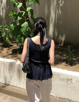 Vintage Frill Button Shirred Sleeveless Top