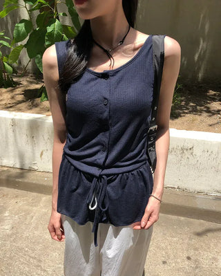 Vintage Frill Button Shirred Sleeveless Top
