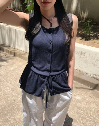 Vintage Frill Button Shirred Sleeveless Top