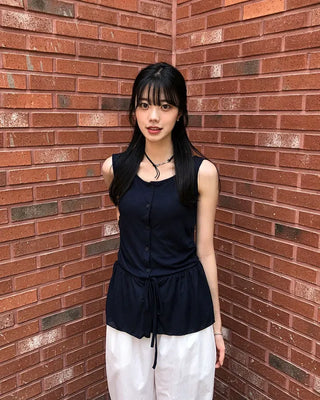 Vintage Frill Button Shirred Sleeveless Top