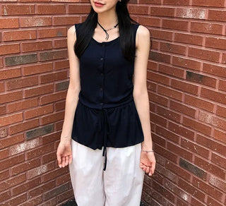 Vintage Frill Button Shirred Sleeveless Top