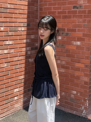 Vintage Frill Button Shirred Sleeveless Top