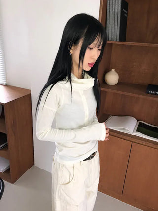 Low Button Hooded Long Sleeve