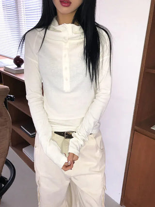 Low Button Hooded Long Sleeve