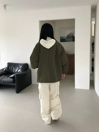 Low Button Hooded Long Sleeve