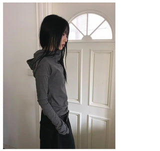 Low Button Hooded Long Sleeve