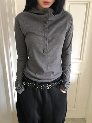 Low Button Hooded Long Sleeve