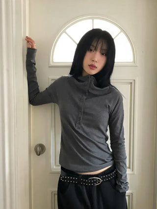 Low Button Hooded Long Sleeve