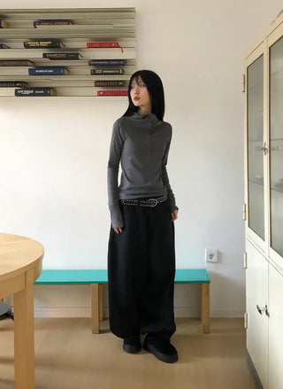 Low Button Hooded Long Sleeve