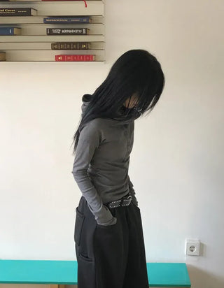 Low Button Hooded Long Sleeve