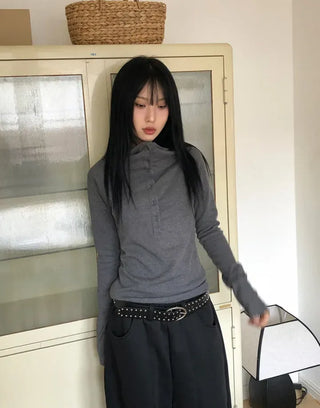 Low Button Hooded Long Sleeve