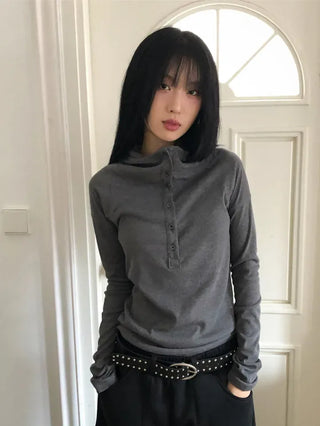 Low Button Hooded Long Sleeve