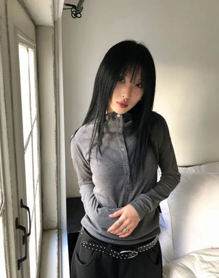 Low Button Hooded Long Sleeve