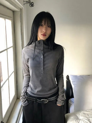 Low Button Hooded Long Sleeve
