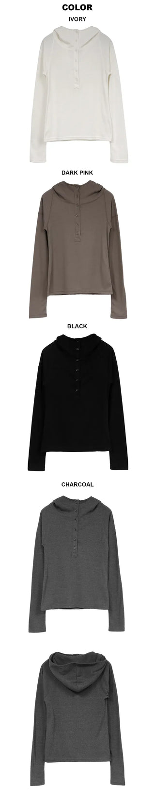 Low Button Hooded Long Sleeve