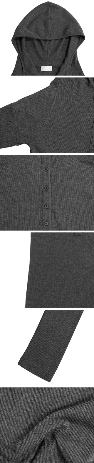 Low Button Hooded Long Sleeve