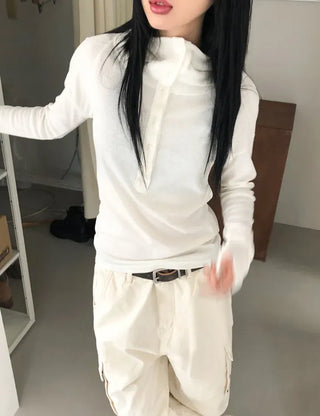Low Button Hooded Long Sleeve