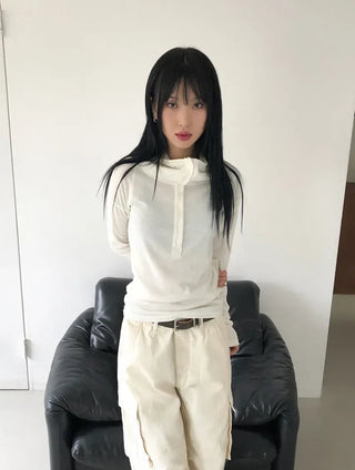Low Button Hooded Long Sleeve