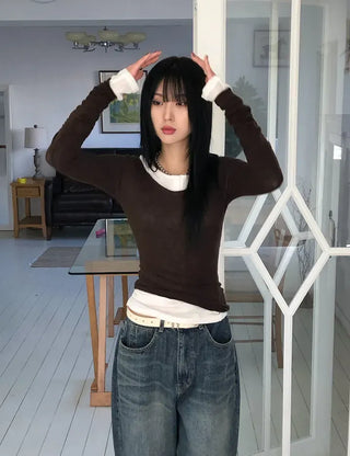 Dipping V-neck Long Sleeve