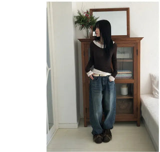 Dipping V-neck Long Sleeve