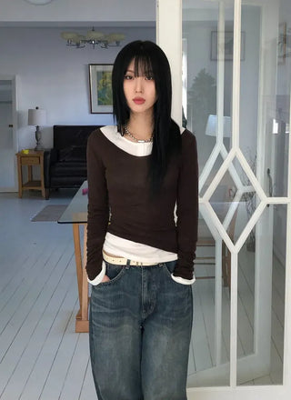 Dipping V-neck Long Sleeve