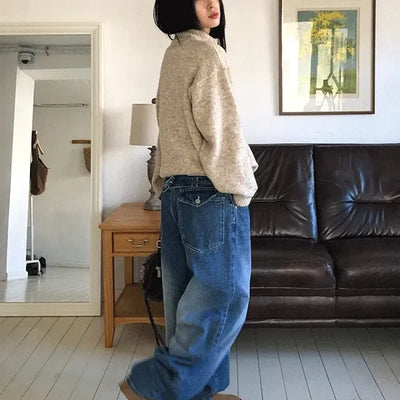 Cinch-back washed wide jeans