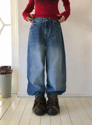 Cinch-back washed wide jeans