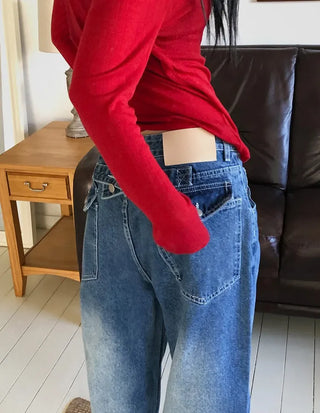 Cinch-back washed wide jeans