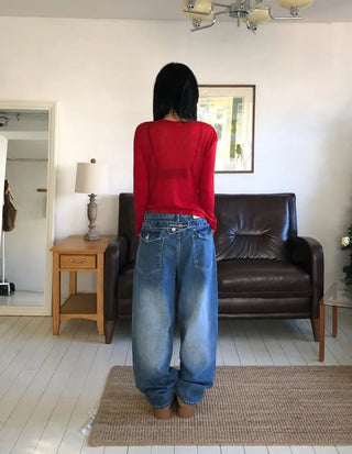 Cinch-back washed wide jeans