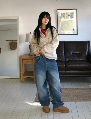 Cinch-back washed wide jeans
