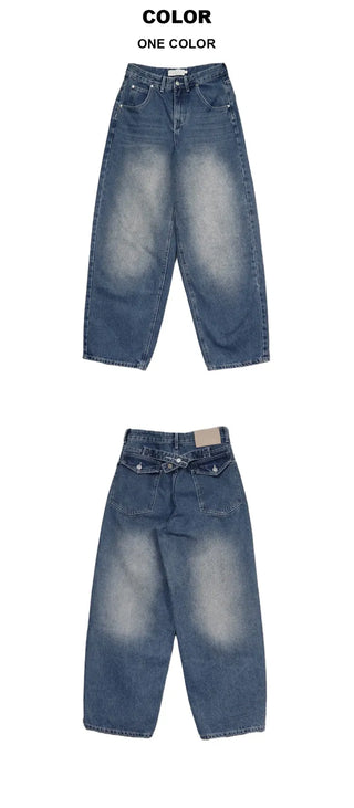 Cinch-back washed wide jeans