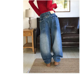 Cinch-back washed wide jeans