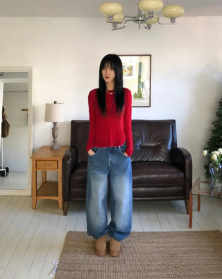 Cinch-back washed wide jeans